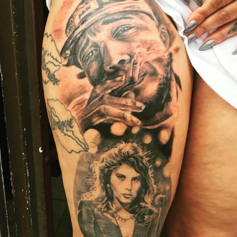 Photo-realistic tattoo done at Iron Palm Tattoos in Atlanta, GA. Located close to Mercedes Benz Stadium downtown. Call 404-973-7828
