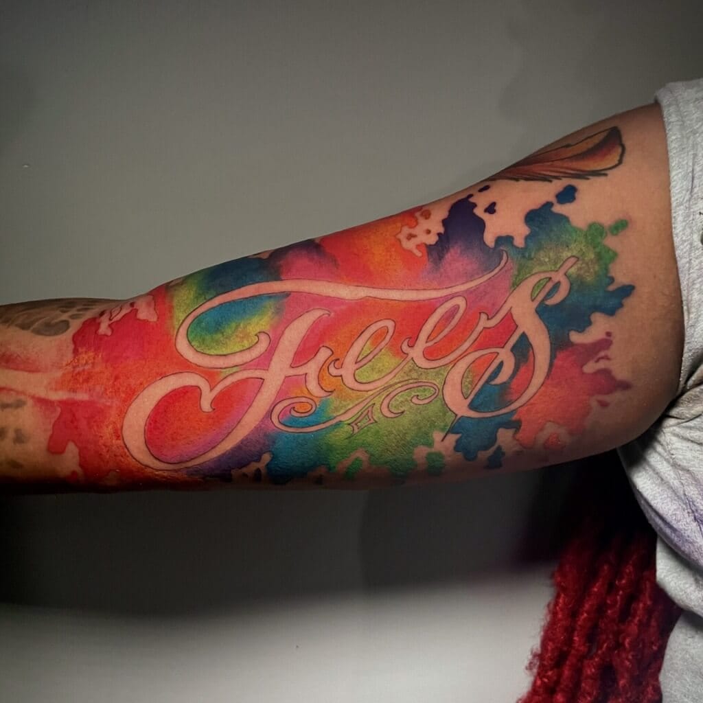Tatuaj Water Color Script de Lyric, artistul de la Iron Palm Tattoos din Atlanta, Georgia. Sunt acceptate intrări. Sunați la 404-973-7828 sau treceți pe aici pentru o consultație gratuită.