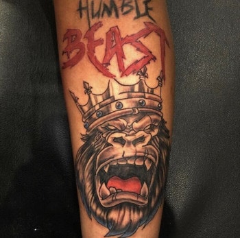 King Kong "Humble Beast" Animal Anime Tattoo By Mo8 at Iron Palm Tattoos In Atlanta, GA. We're open until 2AM. Call 404-973-7828 or stop by for a free consultation with Mo8. Walk-Ins are welcome.