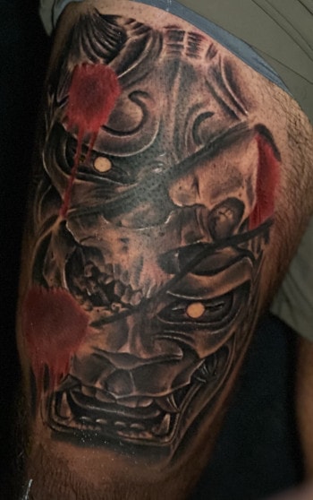 Oni Mask & Skull by DB.Wyte, A Tattoo Artist In Atlanta at Iron Palm Tattoos. Call 404-973-7828 or stop by for free consultation. Walk-Ins are welcome.