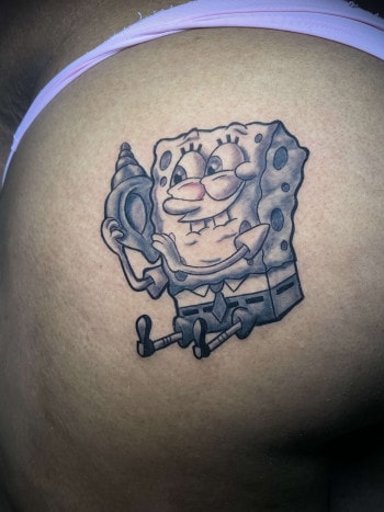 Spongebob SquarePants Tattoo designed and Inked by T Sawyer, a body artist at Iron Palm Tattoos & Body Piercing in south downtown Atlanta. Walk Ins are welcome. Call 404-973-7828 or stop by for a free consultation to book T Sawyer or any other artist.