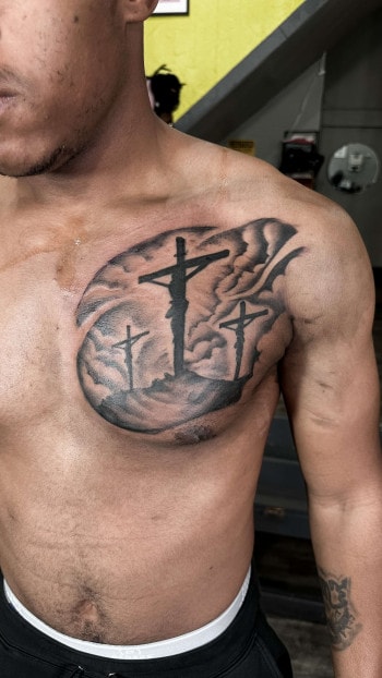 "Christ On The Cross" By Tattoo Artist Choze at Iron Palm Tattoos In Downtown Atlanta GA. Call 404-973-7828 or stop by for a free consultation with a Iron Palm body artist. Walk Ins are welcome.