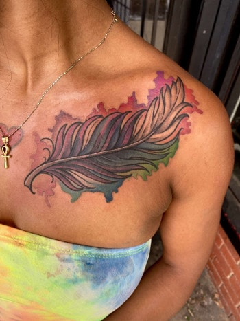 Water color fern leaf tattoo by Lyric The Artist at Iron Palm Tattoos in downtown Atlanta's Castleberry Hill Art district. We love the delicacy in this piece. We're open late night until 2AM most nights. Call 404-973-7828 or stop by for a free consultation with Lyric. Walk-Ins are welcome.