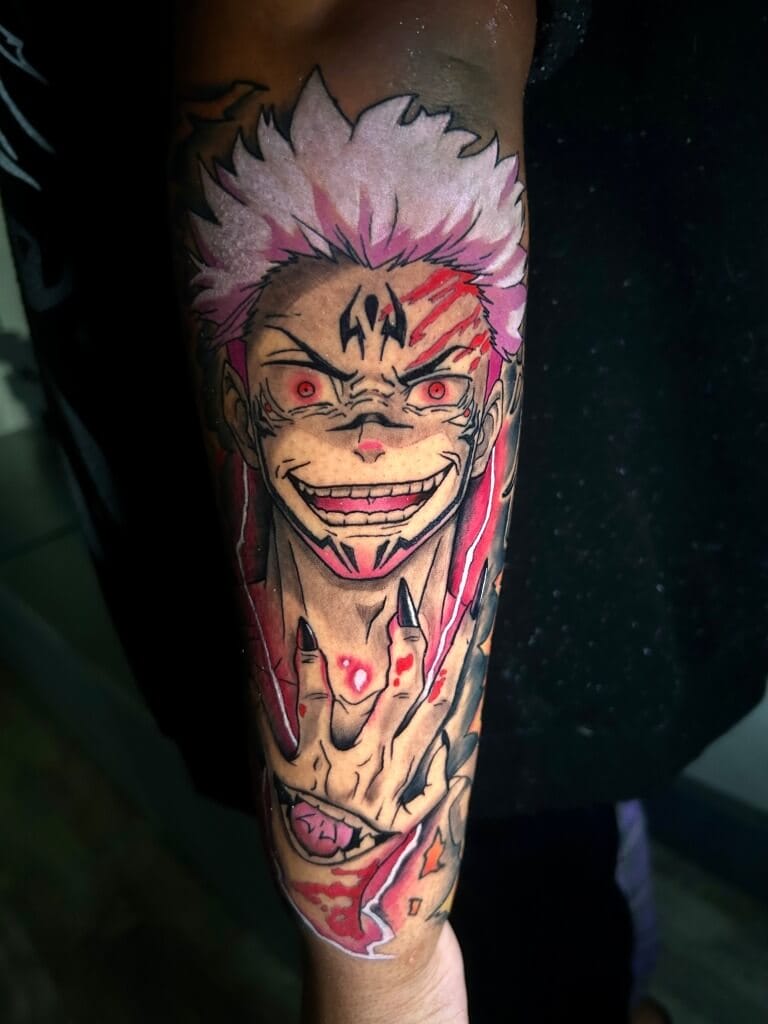 Jujutsu Kaisen Sukuna Anime Tattoo de Lyric TheArtist La Iron Palm Tattoos In Atlanta. Sunați la 404-973-7828 sau treceți pe aici pentru o consultație gratuită. Walk Ins-urile sunt binevenite.