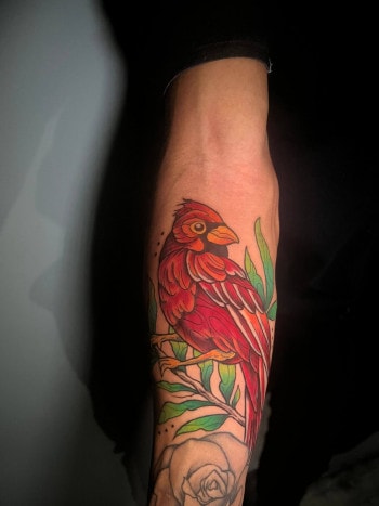 Red Cardinal On A Twig By Funk Tha World At Iron Palm Tattoos & Body Piercing In Atlanta, GA. We're open until 2AM most nights. Call 404-973-7828 or stop by for a free consultation.