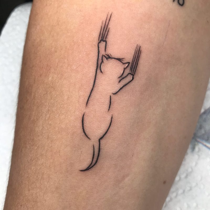 Tatuaggio minimalista Blackwork a linea sottile "Kitten Scratching Skin" di Rene Cristobal