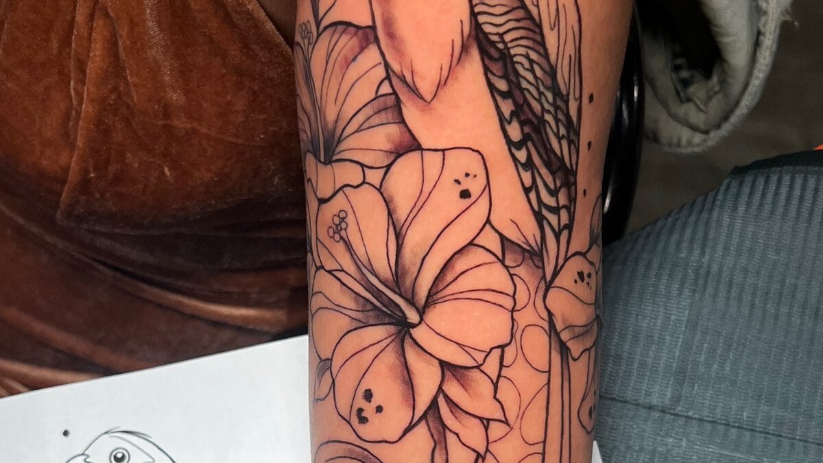 Fine Line Bird \u0026 Lotus Flower Tattoo By Funk Tha World - Iron Palm Tattoos  \u0026 Body Piercing, image size:1200x675