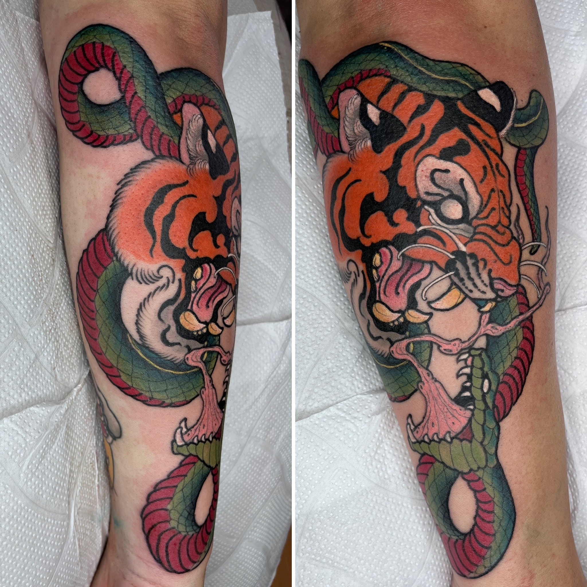 'Bengali Tiger Battles A Snake' Neo Traditional Pa Pierre Jarlan Kliyan Pierre te vle yon prezantasyon tradisyonèl sou lit li te genyen nan lavi li. Li te chwazi bèt sa yo kòm avatar pou reprezante lit enteryè li yo. Pierre pral nan Atlanta pou montre travay atizay li 16 - 20 avril epi li disponib sou randevou. Rele 404-973-7828 ak kesyon.