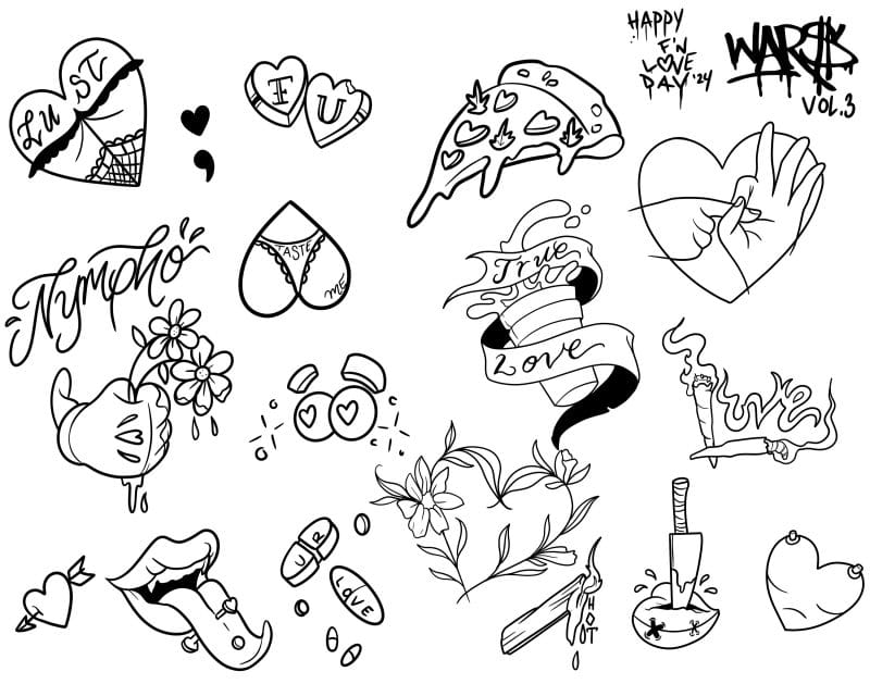 Flash Tattoo Day Valentines by Binky Warbucks. Мо пиццаро 'дӯст медорем' ва дили пӯшидани шим хеле допист. Умедворам, ки ҳамаро дар Iron Palm дар ин рӯзи ошиқон дар соли 2024 татуировкаи махсус ва пирсинги бадан бубинед.