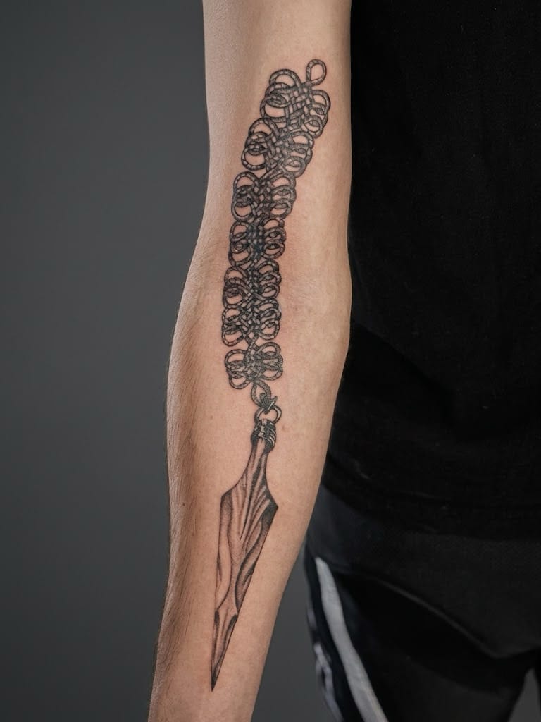 Ka peʻa ʻeleʻele a hina o kahi pahi hoʻonaninani me kahi knotwork loop paʻakikī ma ka lima lima